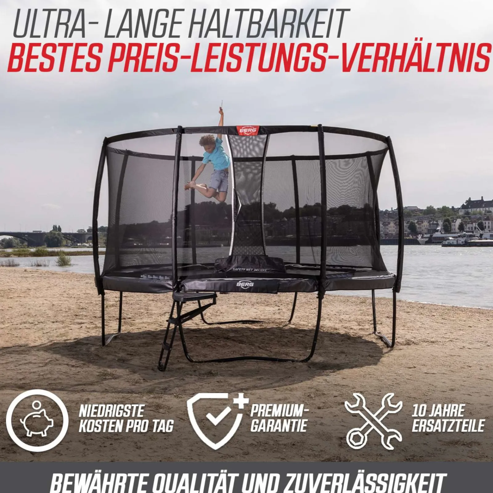 Berg Trampolin|Trampolin Grand Champion inkl. Sicherheitsnetz Deluxe AirFlow Pro grau
